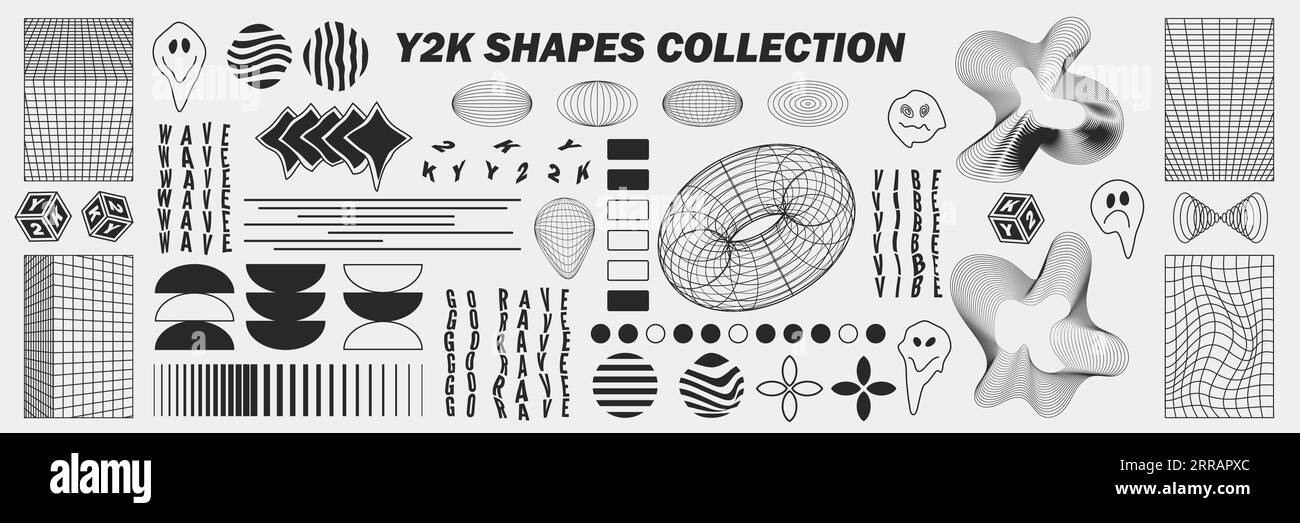 Geometrie astratte con struttura a reticolo forme e motivi, elementi cyberpunk, segni e griglie prospettiche. Segni retrò geometrici surreali. Rave futu psichedelico Illustrazione Vettoriale