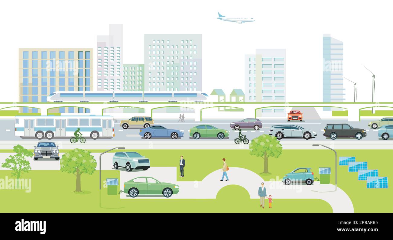 CIT con traffico e case, illustrazione dell'energia alternativa Illustrazione Vettoriale