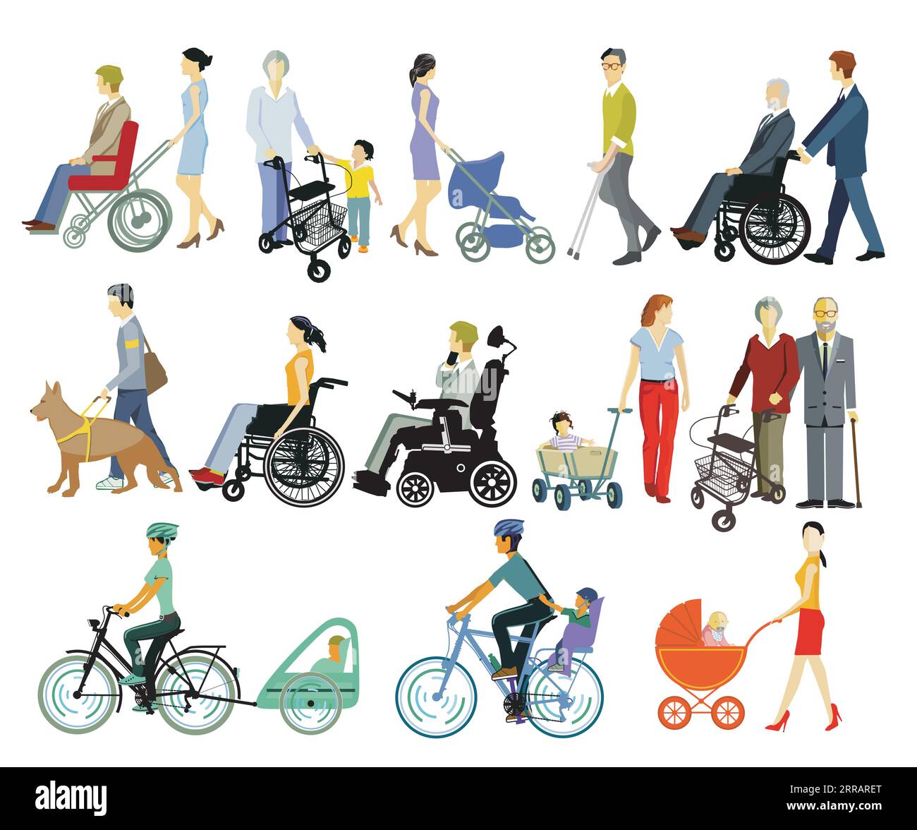Gruppo di persone con disabilità e ausili per la deambulazione, isolato Illustrazione Vettoriale