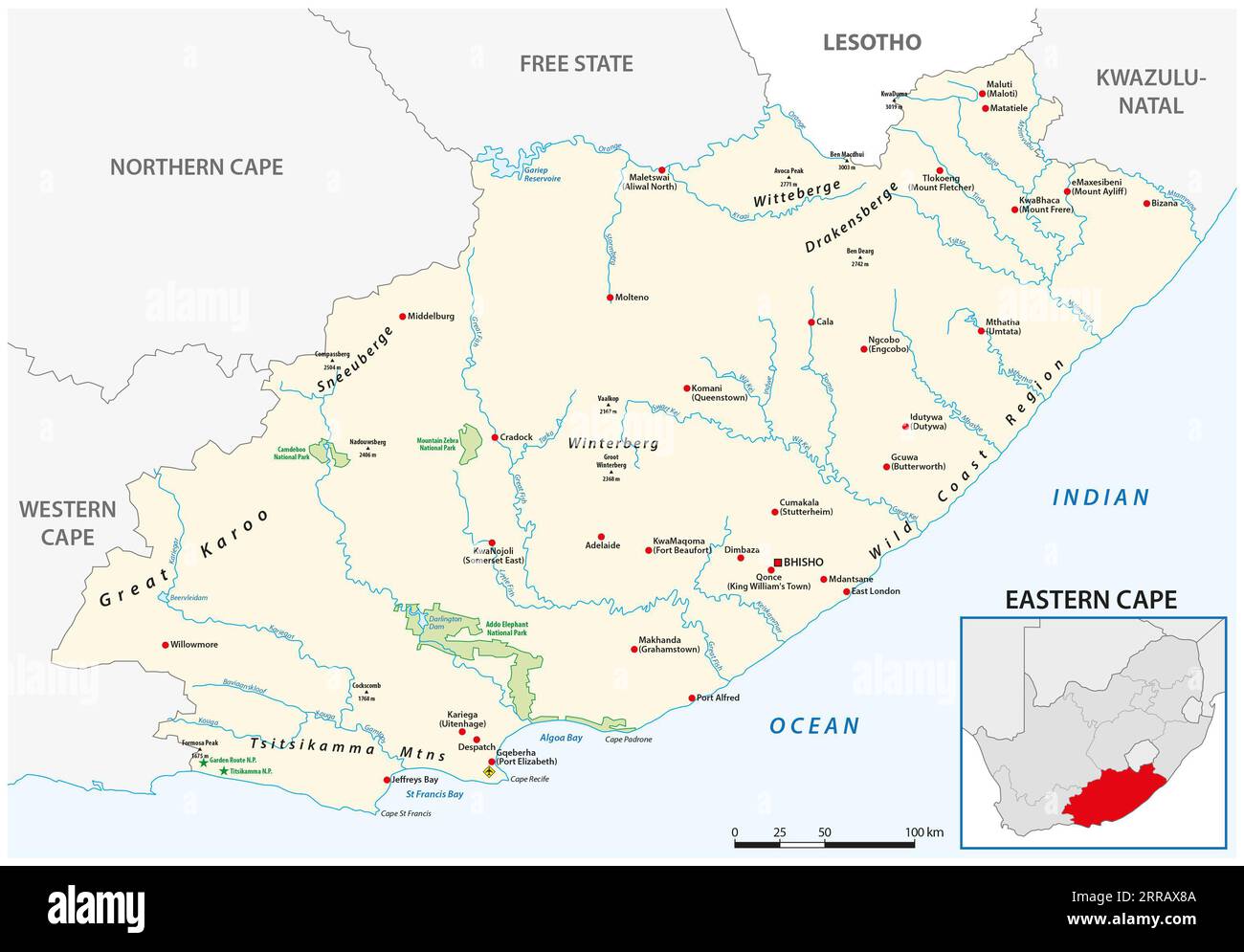 Mappa vettoriale della mappa del Capo Orientale, Sudafrica Foto Stock