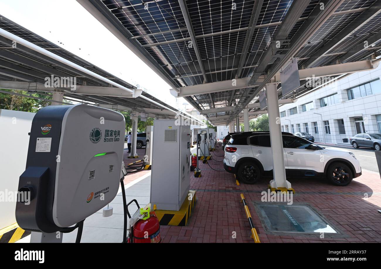 210821 -- TIANJIN, 21 agosto 2021 -- i veicoli a nuova energia sono addebitati al Jinmenhu New Energy Vehicle Integrated Service Center nel nord della Cina a Tianjin, 18 agosto 2021. Recentemente è stato messo in uso il Jinmenhu New Energy Vehicle Integrated Service Center. Con un totale di 852 pannelli fotovoltaici posti sul tetto dell'edificio, il centro di assistenza dispone di 71 banchi di ricarica, che offrono cinque modalità di ricarica. La Cina, il più grande mercato automobilistico del mondo, ha visto la sua nuova industria dei veicoli energetici entrare nella corsia di sorpasso, alimentata dalla strategia a basse emissioni di carbonio del paese e dalla crescente domanda. CINA-TIANJIN-NUOVO VEICOLO ENERGETICO- Foto Stock