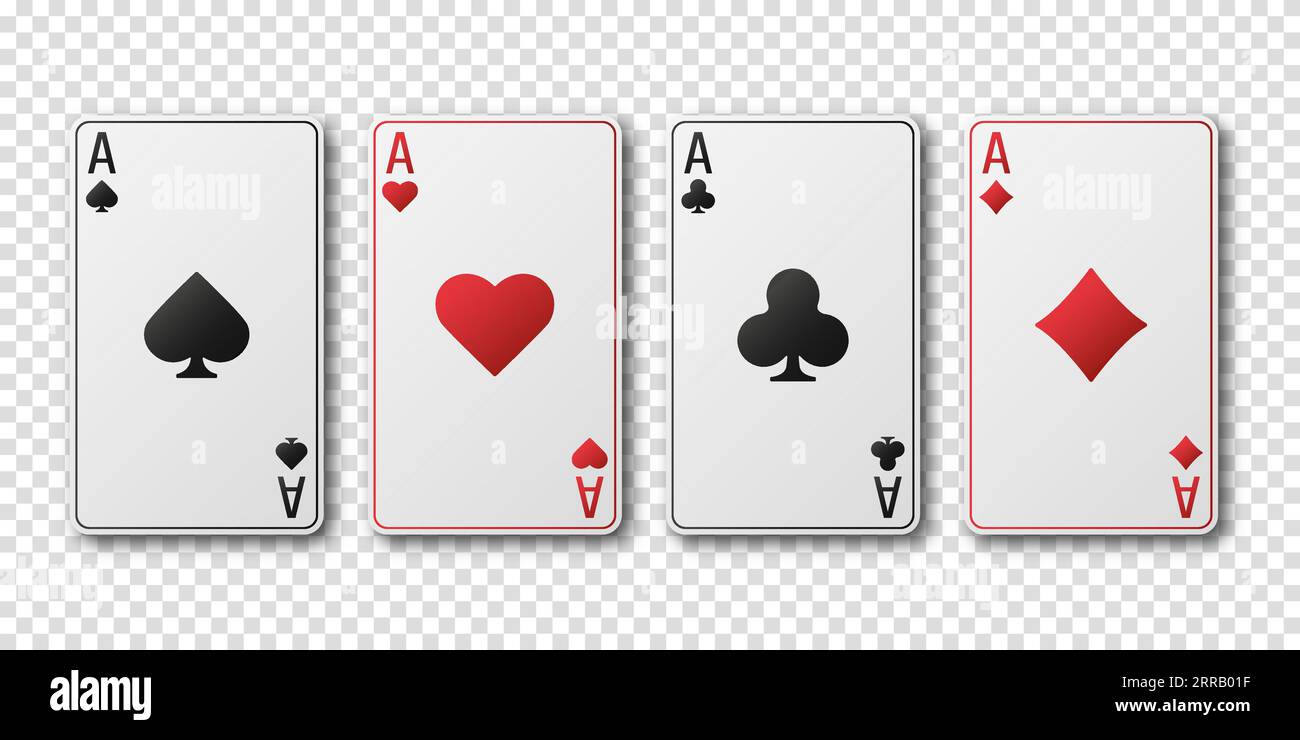 Cuori, picche, diamanti, tessere. Set di costumi da gioco Aces. Poker o casinò, concetto di gioco d'azzardo. Una mano da poker vincente. Modello per il casinò Illustrazione Vettoriale