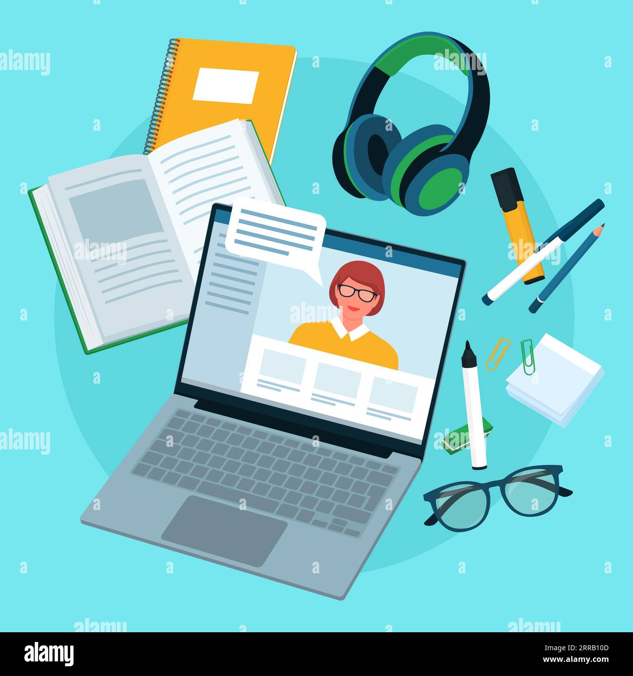 Concetto di apprendimento e istruzione online: Professon tiene lezioni online sullo schermo di un notebook e sugli accessori Illustrazione Vettoriale