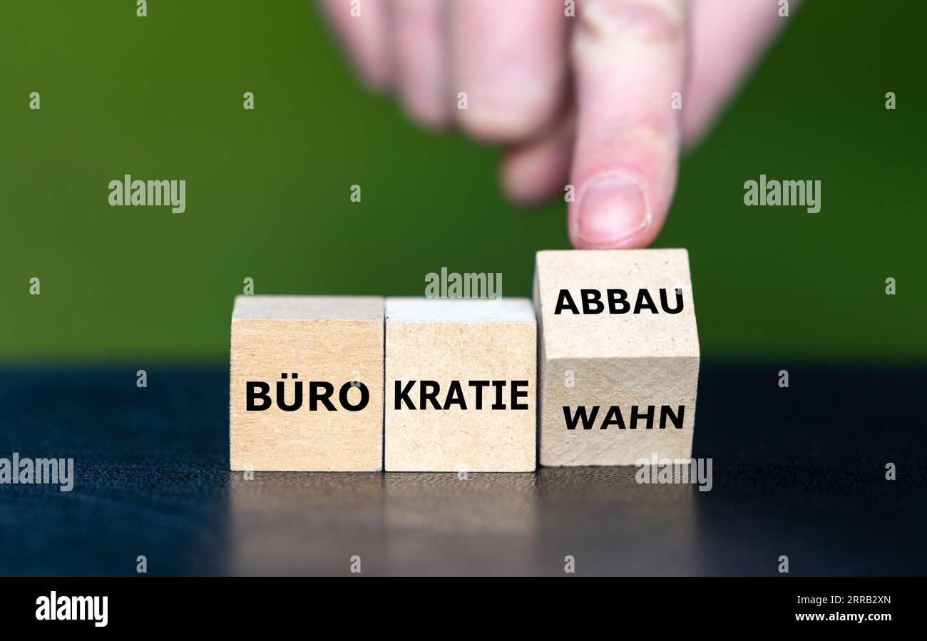Simbolo di riduzione della burocrazia in Germania. I cubi di legno formano l'espressione "Buerokratiowahn" (illusione burocratica) e "Buerokratie Abbau" (Bureau Foto Stock