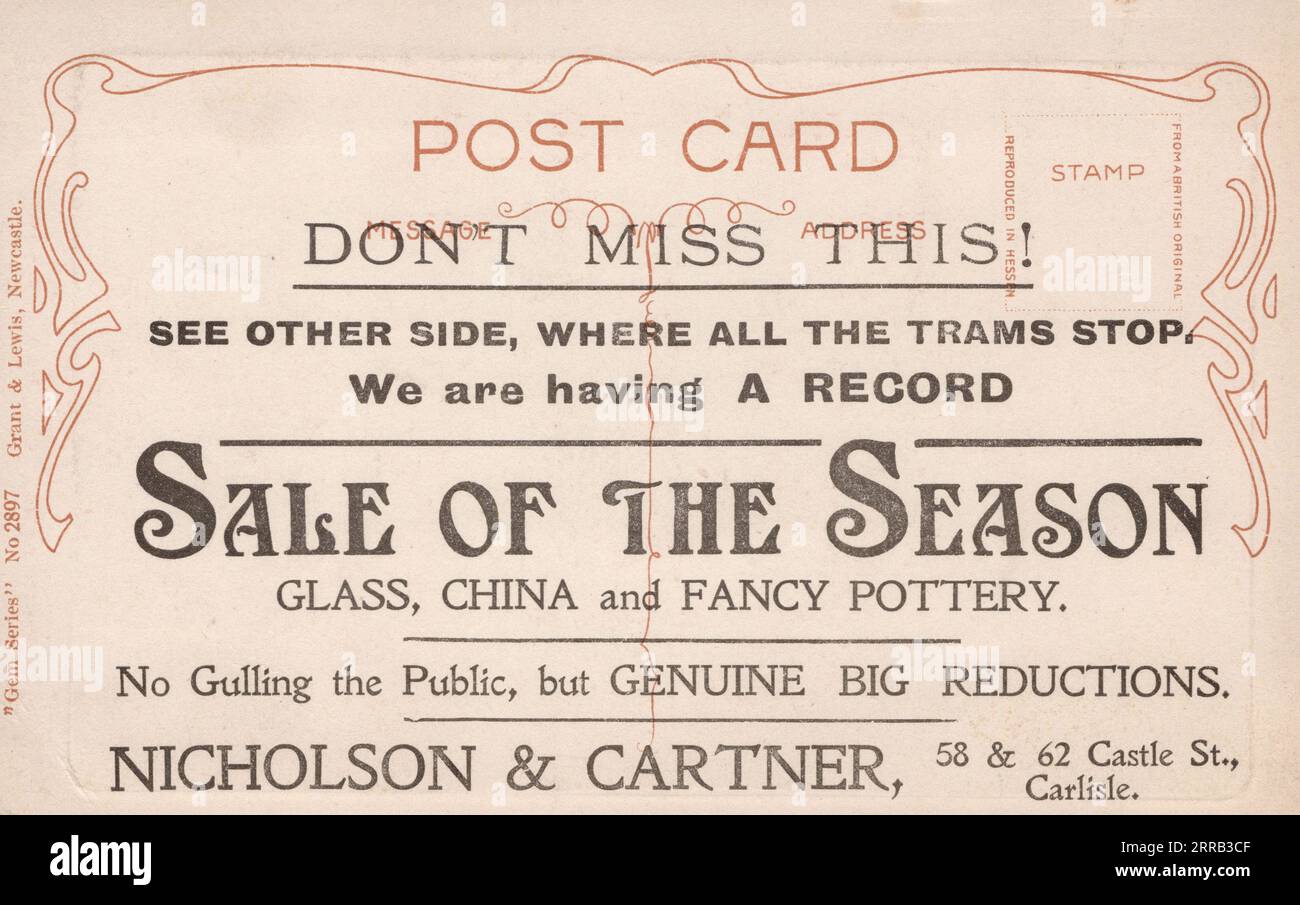 Vendita della stagione, Nicholson & Cartner, Carlisle Inghilterra, cartolina pubblicitaria degli anni '1900-1910. Foto Stock