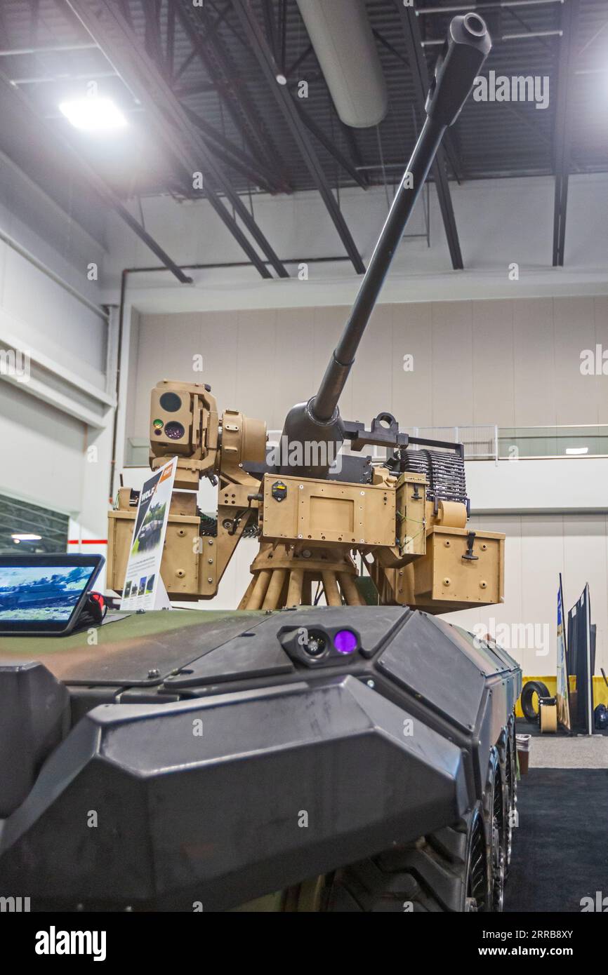 Novi, Michigan - gli appaltatori militari disiplay Weapons for the U.S. Army at the Ground Vehicle Systems Engineering & Technology Symposium (GVSETS). HD Foto Stock