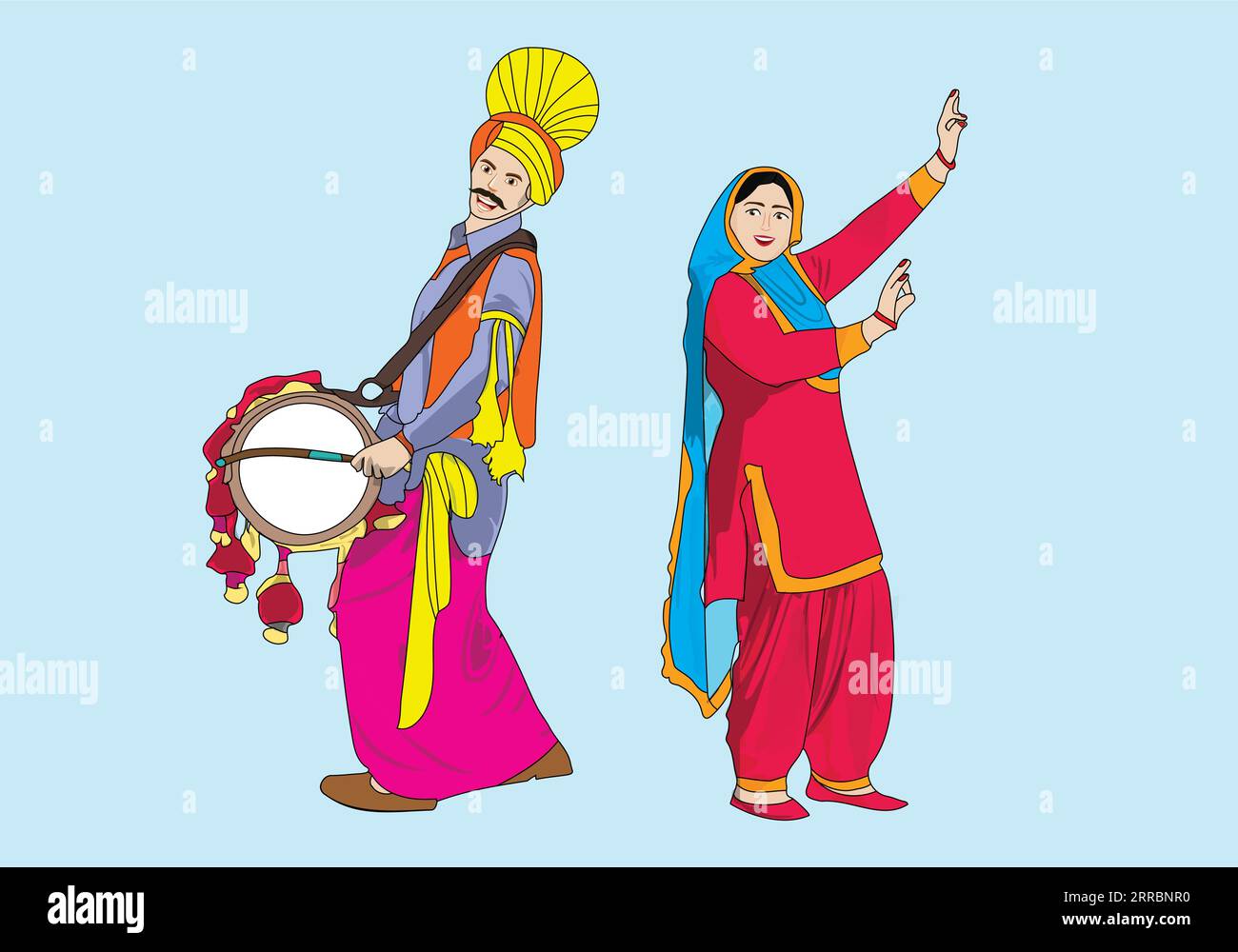 Uomo e donna Punjabi che ballano con la batteria, coppia Panjabi che indossa un abito colorato Illustrazione Vettoriale