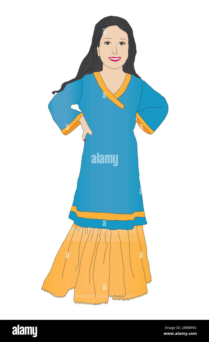 Bambina che indossa abiti tradizionali pakistani lunghi kameez e sharara Illustrazione Vettoriale