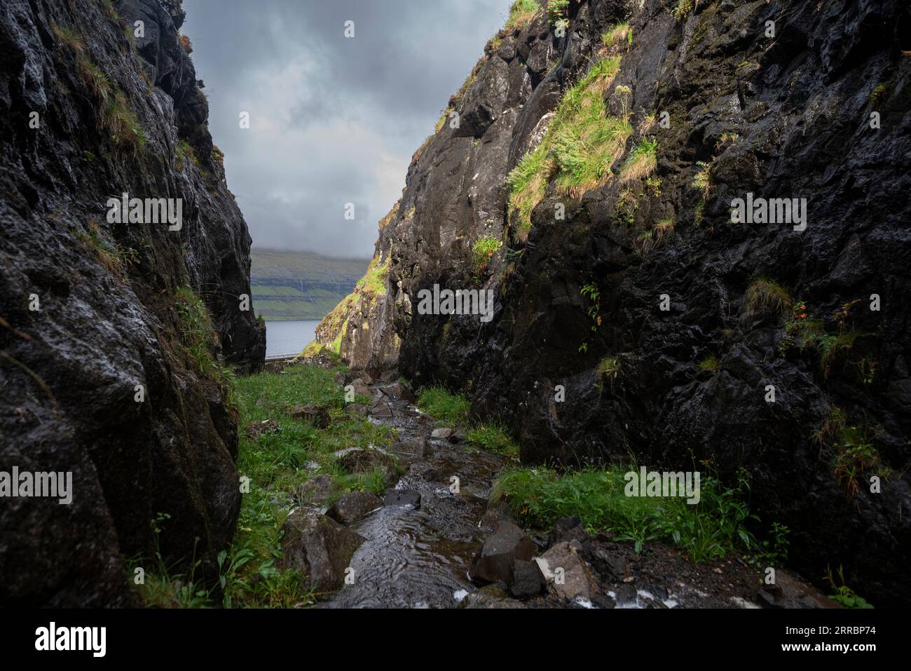 Un abisso roccioso bagnato da pioggia e nebbia di molte piccole cascate scintillanti nel sole pomeridiano sull'isola di Eysturoy nelle Isole Faroe. Foto Stock