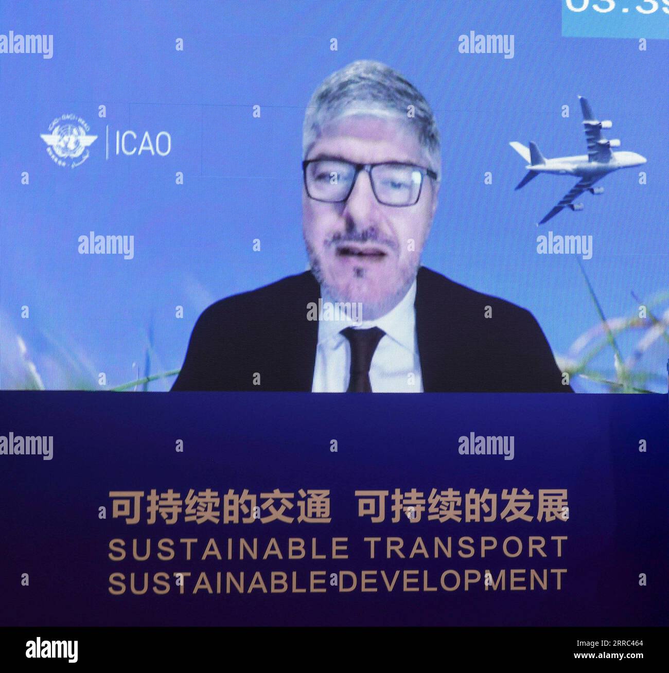 211016 -- PECHINO, 16 ottobre 2021 -- il Segretario generale dell'Organizzazione per l'aviazione civile internazionale Juan Carlos Salazar parla tramite link video in una sessione tematica sul trasporto sostenibile e lo sviluppo verde durante la seconda Conferenza globale sui trasporti sostenibili delle Nazioni Unite tenutasi a Pechino, capitale della Cina, il 16 ottobre 2021. CINA-PECHINO-2A CONFERENZA MONDIALE DELLE NAZIONI UNITE SUI TRASPORTI SOSTENIBILI - SESSIONE TEMATICA CN YINXGANG PUBLICATIONXNOTXINXCHN Foto Stock