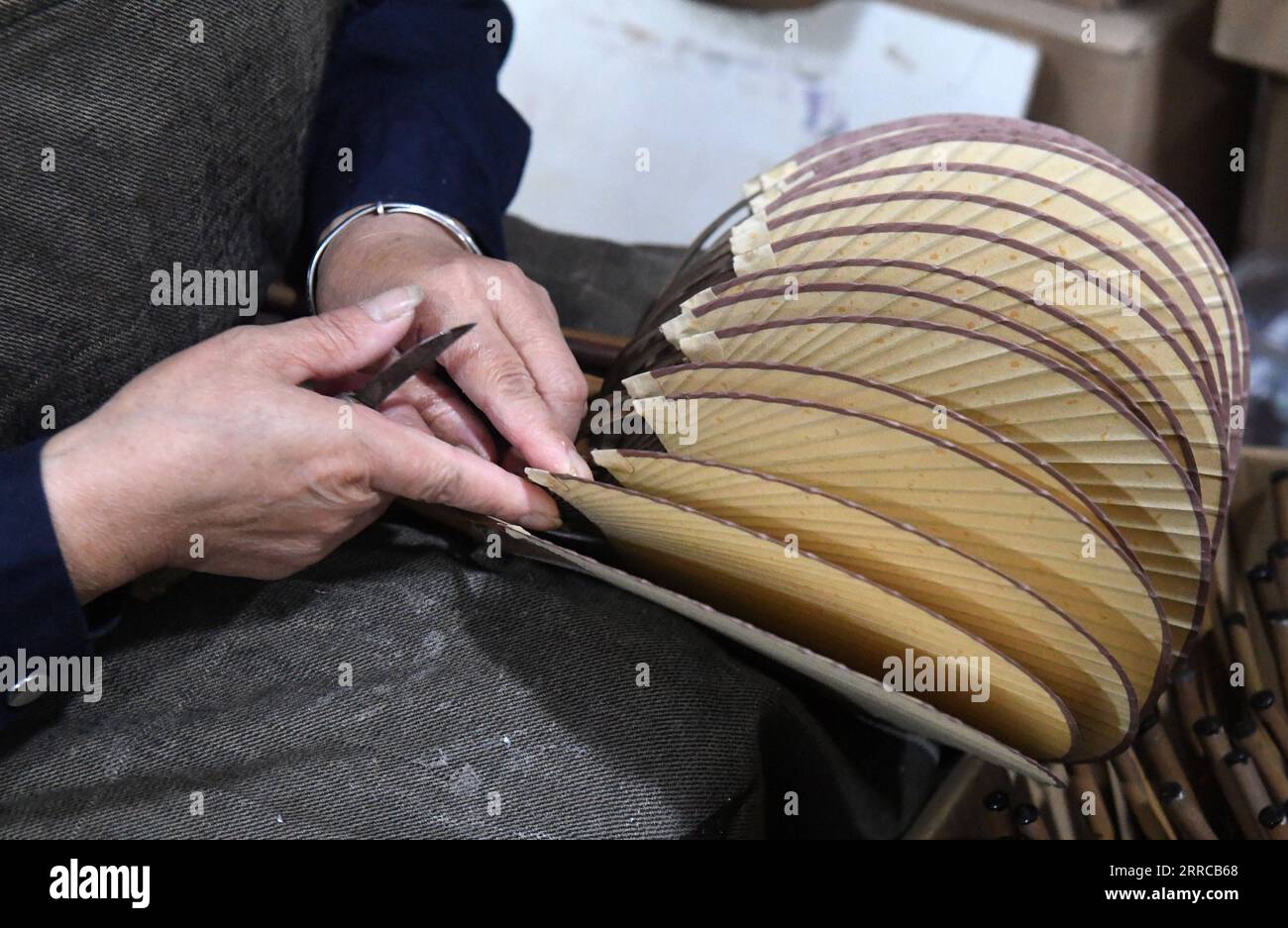 211030 -- LINGCHUAN, 30 ottobre 2021 -- Un membro del personale fa un ventilatore circolare di bambù Guilin in una società locale nella municipalità di Guilin, nella regione autonoma del Guangxi Zhuang, nella Cina meridionale, nel 29 ottobre 2021. Realizzare un ventilatore di questo tipo non è un compito semplice, gli artigiani tagliano il bambù imbevuto in decine di strisce per realizzare il telaio del ventilatore, incollano la superficie con carta Xuan, stoffa di cotone e seta, infine rendono il ventilatore circolare attraverso l'involucro tagliente e tagliente, e un buon dipinto e/o scrittura calligrafica lo rende un elemento popolare nel mercato culturale. CHINA-GUANGXI-LINGCHUAN-CIRCULAR FAN CN LUXBOAN PUBLICATIONXNOT Foto Stock