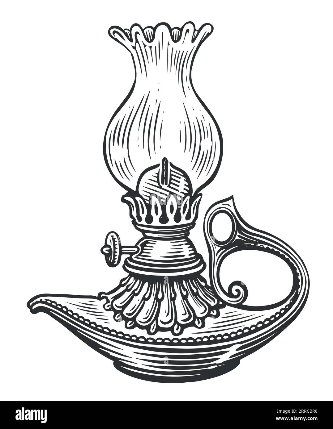 Lampada a cherosene vintage. Schizzo della lanterna a olio. Illustrazione vettoriale nel vecchio stile di incisione Illustrazione Vettoriale