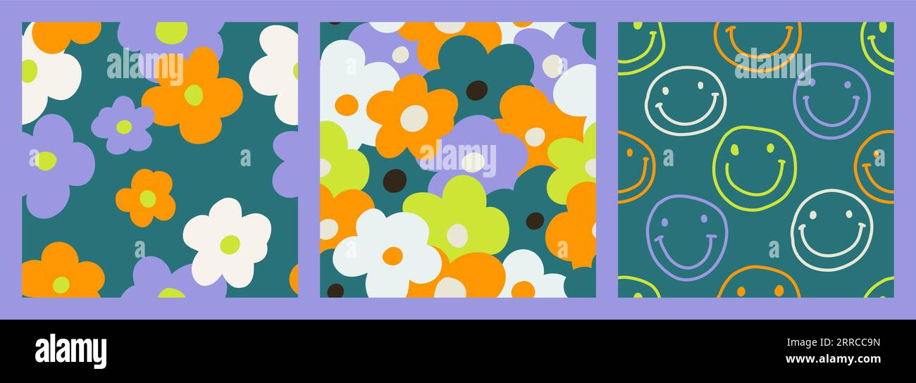 1970 confezione con motivo a margherita senza cuciture e sorrisi ingenui. Retrowave con stile anni '90 per bambini. Sfondi vivaci e colorati Doodle Bright. Stampa minimalista per vivai in verde e arancione Illustrazione Vettoriale