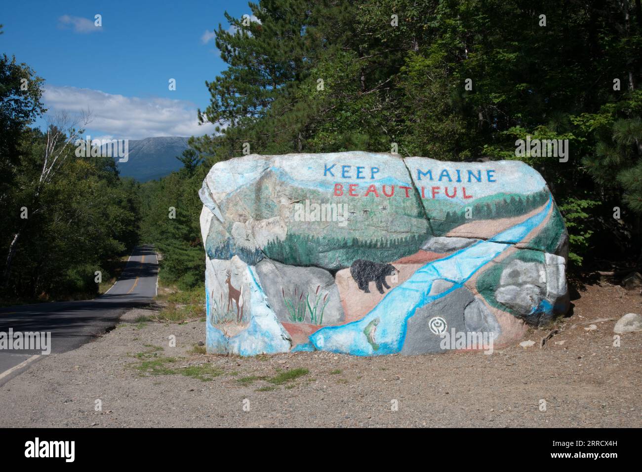Roccia dipinta "Keep Maine Beautiful" vicino al Baxster State Park, Maine, Stati Uniti Foto Stock