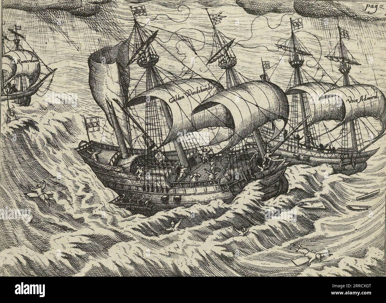 Collisione tra le navi di Barentsz e Van Linschoten, 1595 ancora una volta le navi di Barentsz e Van Linschoten si scontrano tra loro durante il secondo viaggio, il 6 agosto 1595. A pagina 21 in: "Relazione di guerra. Tre nuovi tipi di navi strane senza precedenti, la nave olandese e la nave neozelandese .... Anno 1594, 1595 e 1596 »(1598). Foto Stock