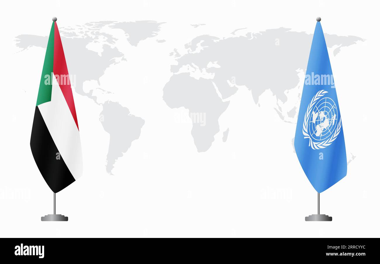 Il Sudan e le Nazioni Unite bandiere per un incontro ufficiale sullo sfondo della mappa mondiale. Illustrazione Vettoriale