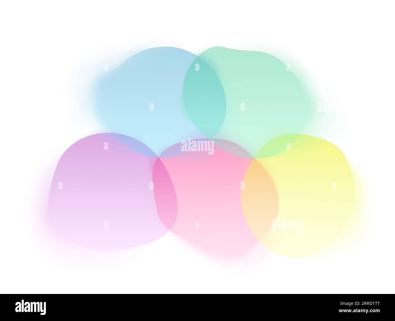 Cinque blobi tondi colorati trasparenti, irregolari e sovrapposti su bianco. Sfondo vivace astratto. Blu chiaro, verde, viola, rosso e giallo. Foto Stock