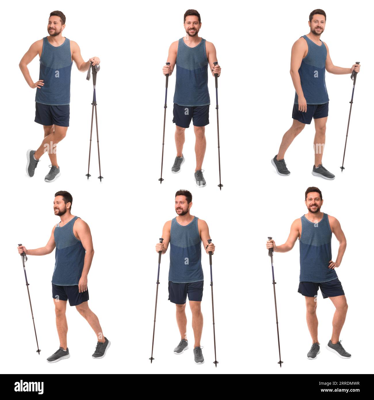 Uomo sportivo con bastoncini da nordic walking su sfondo bianco, collage con foto Foto Stock