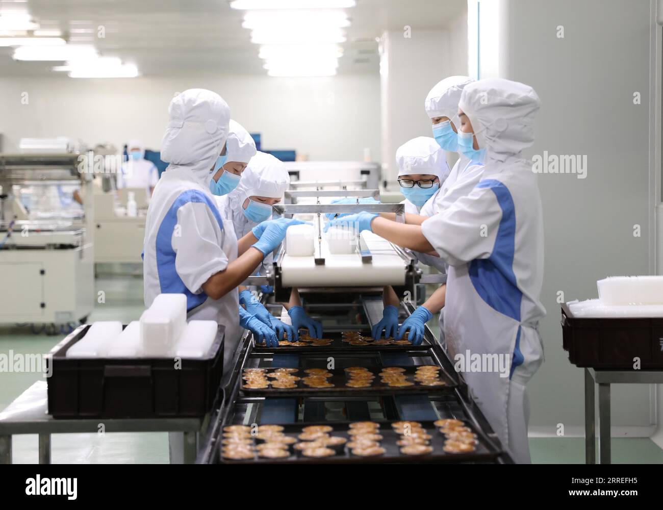 **CINA CONTINENTALE, HONG KONG, MACAO E TAIWAN OUT** i dipendenti preparano torte lunari in un'azienda di trasformazione alimentare nella città di Yinchuan, Ningxi, nella Cina nordoccidentale Foto Stock