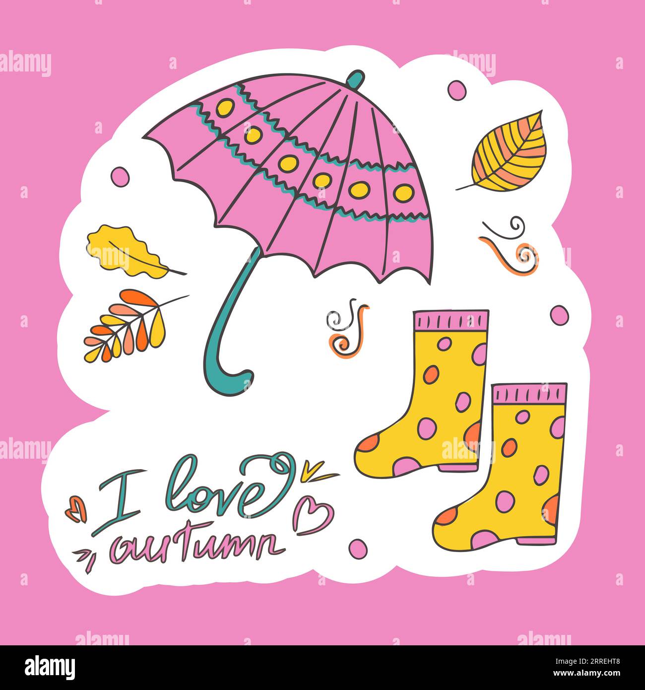 Ciao, Autumn. Adesivo con elementi accoglienti e iscrizioni autunnali. Adesivo o design con spazio per il testo. Disegnato a mano in stile doodle. Isolato Illustrazione Vettoriale