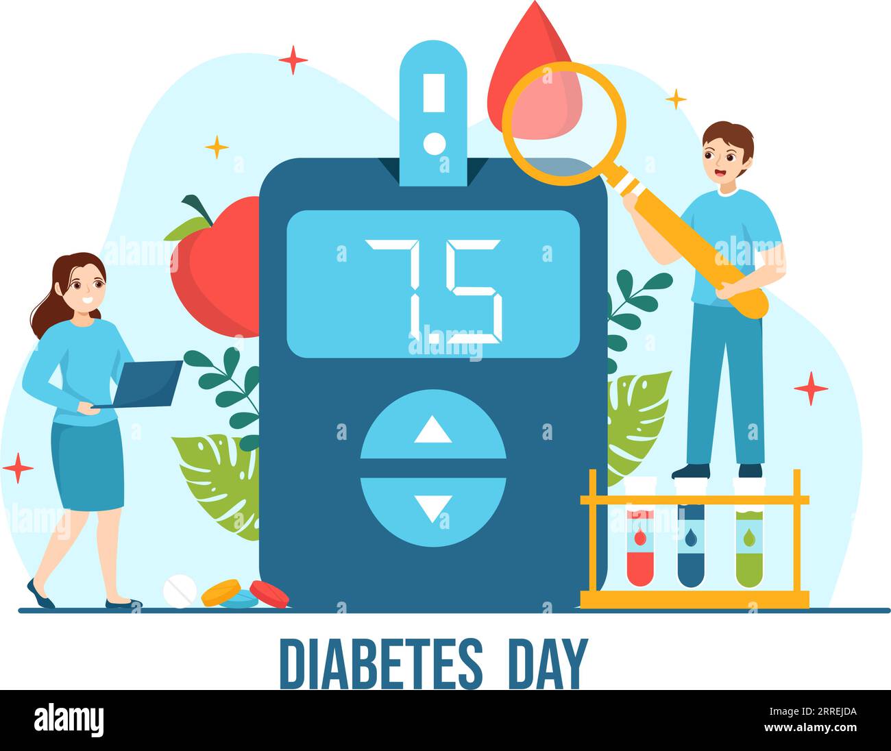 Illustrazione vettoriale della giornata mondiale del diabete il 14 novembre con i medici che testano il sangue per il glucosio e misurano lo zucchero nel disegno di fondo del cartone animato piatto Illustrazione Vettoriale