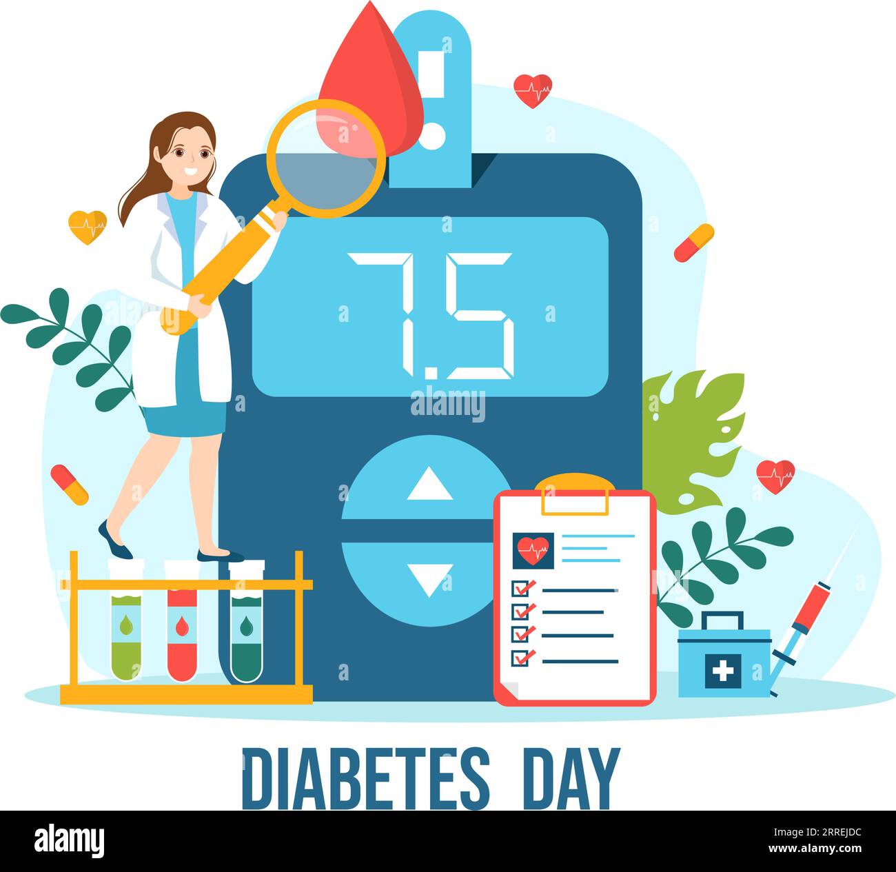 Illustrazione vettoriale della giornata mondiale del diabete il 14 novembre con i medici che testano il sangue per il glucosio e misurano lo zucchero nel disegno di fondo del cartone animato piatto Illustrazione Vettoriale