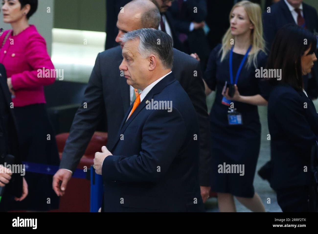 220325 -- BRUXELLES, 25 marzo 2022 -- il primo ministro ungherese Viktor Orban partecipa a un vertice straordinario della NATO presso il quartier generale della NATO a Bruxelles, in Belgio, il 24 marzo 2022. L'Ungheria si oppone fermamente alle sanzioni contro il settore energetico russo, ha affermato mercoledì il primo ministro Viktor Orban in vista di una riunione di due giorni dei leader dell'Unione europea a Bruxelles. BELGIO-BRUXELLES-SANZIONI RUSSE-PRIMO MINISTRO UNGHERESE-OPPOSIZIONE ZHENGXHUANSONG PUBLICATIONXNOTXINXCHN Foto Stock