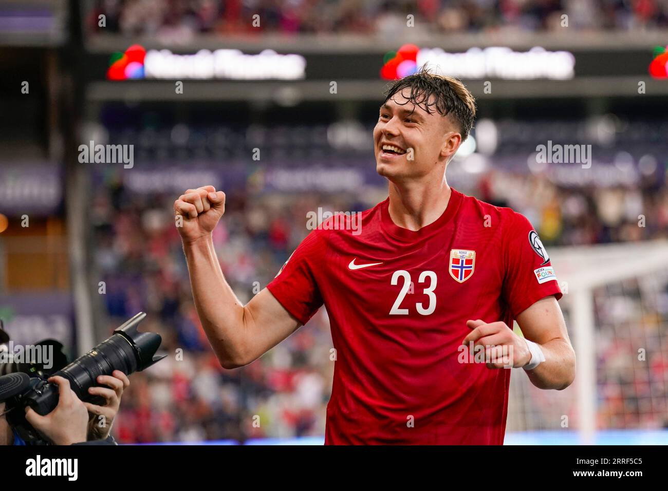 Oslo 20230907.Jørgen Strand Larsen segna il punteggio durante la partita di calcio internazionale privata tra Norvegia e Giordania allo stadio Ullevaal. Foto: Stian Lysberg Solum / NTB Foto Stock