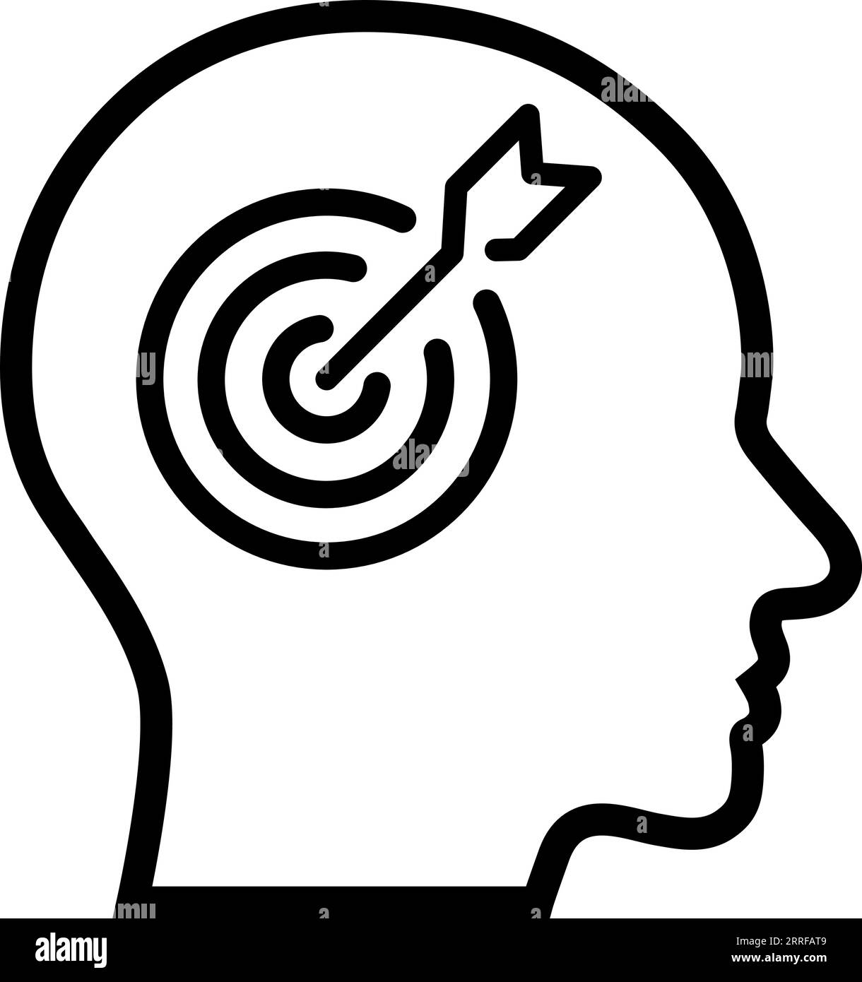 Icona di linea di freccette bersaglio nella testa umana come concetto di messa a fuoco, obiettivo o percezione Illustrazione Vettoriale
