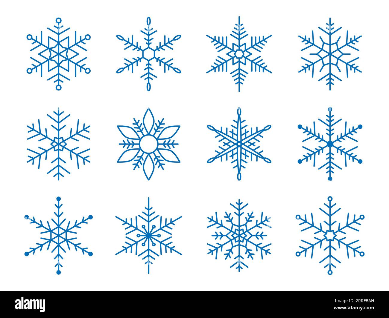 Fiocco di neve per il design della neve. Fiocchi di neve con silhouette blu isolati su sfondo bianco. Simbolo di blocco. Icona fiocco di neve. Grafica in cristallo di ghiaccio. Clipart Illustrazione Vettoriale
