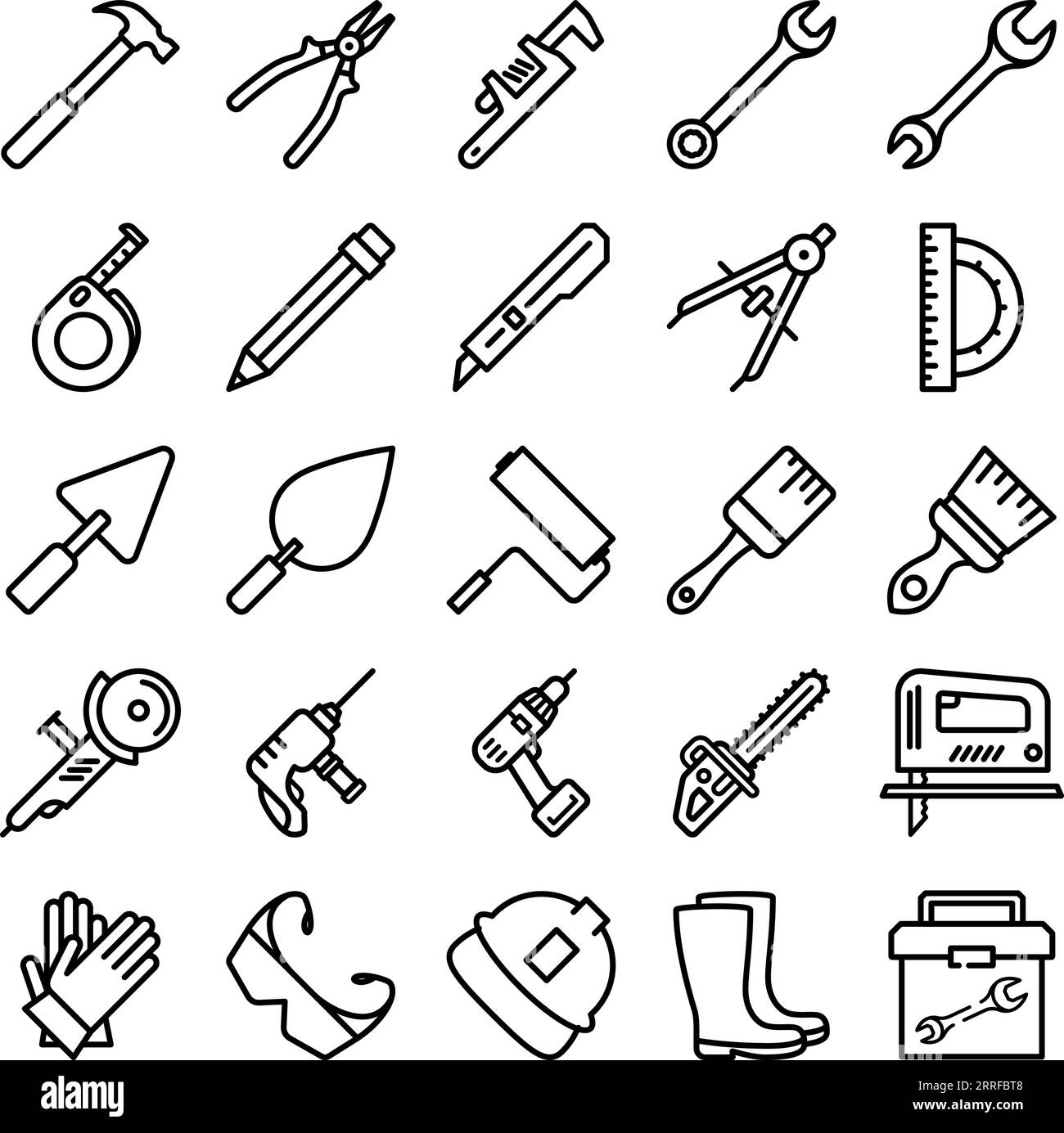 Set di icone delle linee degli strumenti di costruzione come contorno modificabile per la progettazione Web Illustrazione Vettoriale