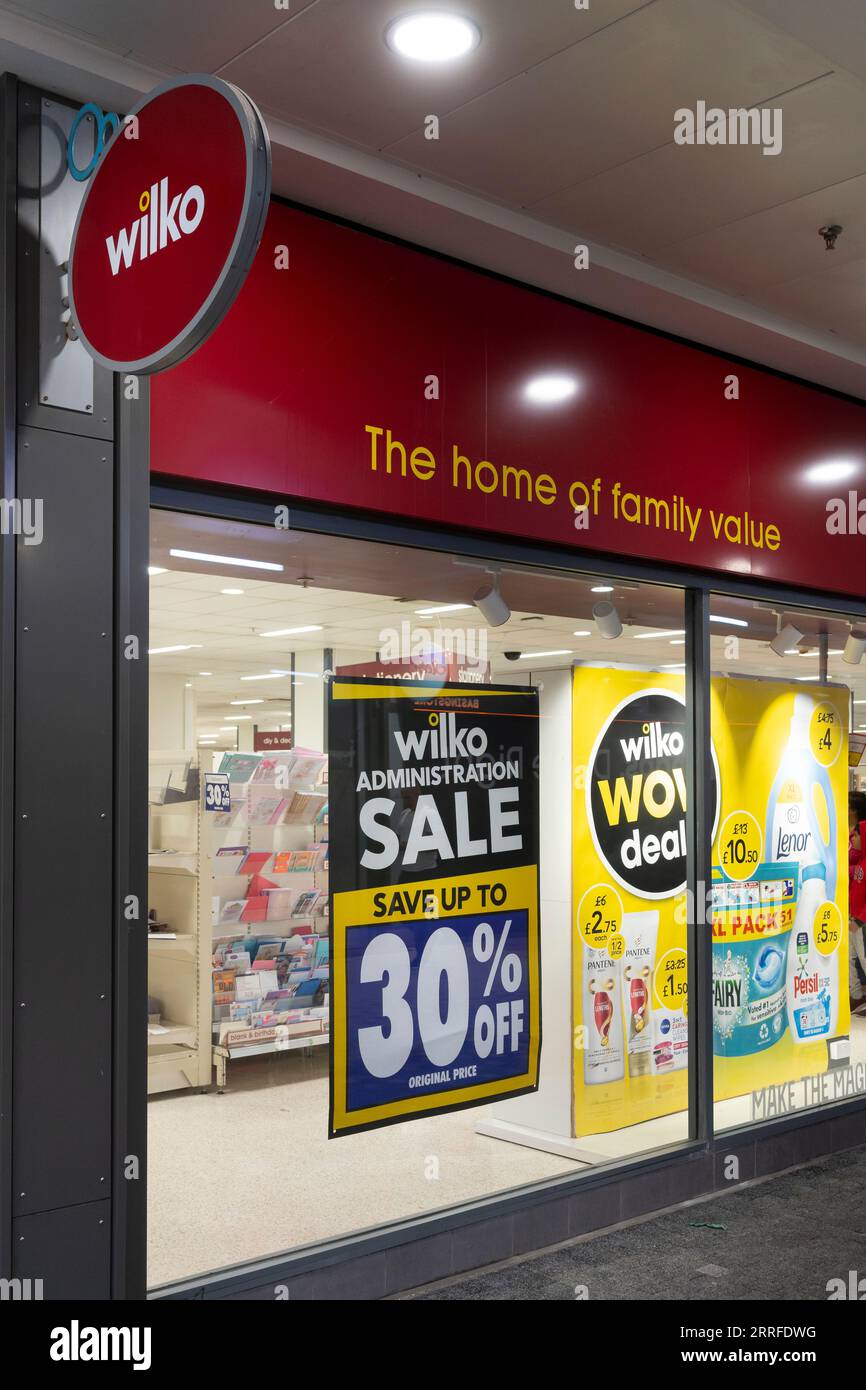 Wilko store a Basingstoke pubblicizza una vendita amministrativa dopo problemi finanziari e può chiudere tutti i negozi se non viene trovato un acquirente. Inghilterra Foto Stock