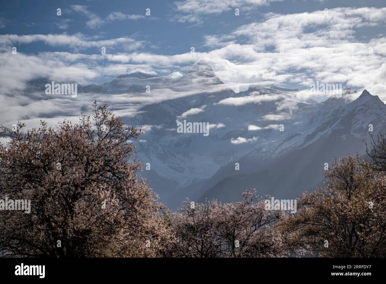 220414 -- LHASA, 14 aprile 2022 -- foto scattata il 13 aprile 2022 mostra il Monte Namjagbarwa a Nyingchi, regione autonoma del Tibet nel sud-ovest della Cina. CHINA-TIBET-MOUNT NAMJAGBARWA CN SunxFei PUBLICATIONxNOTxINxCHN Foto Stock