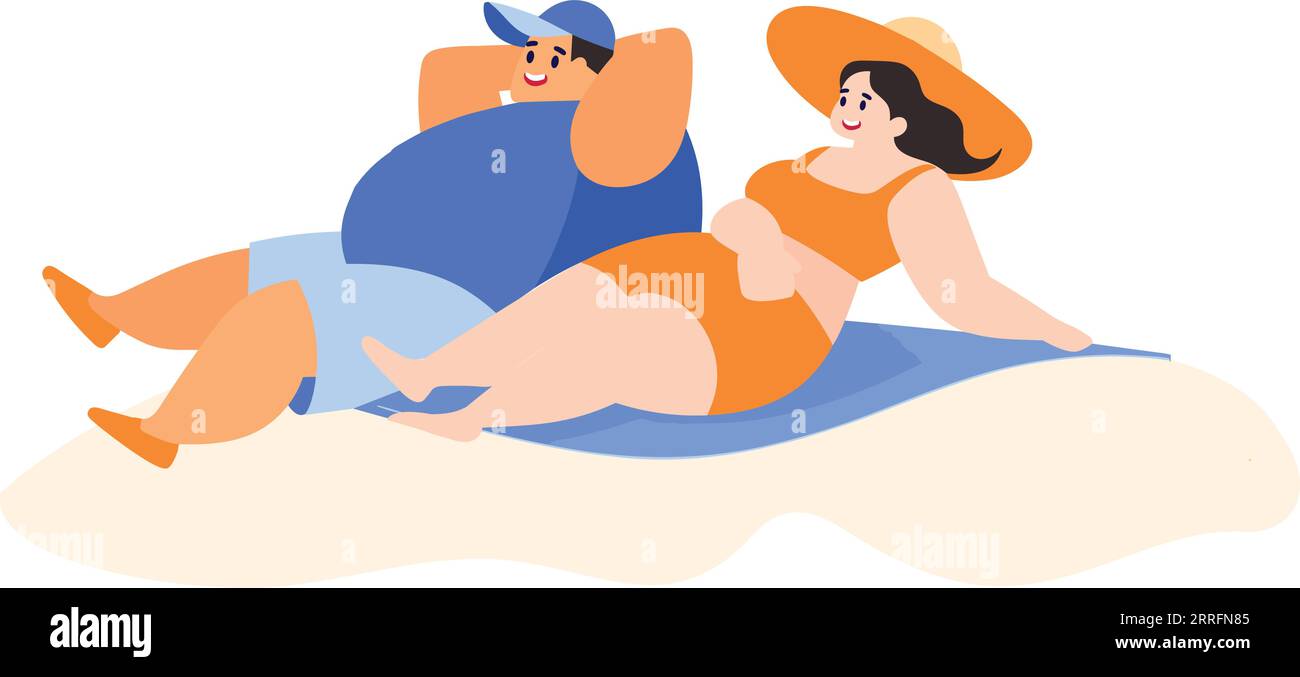 Turisti in sovrappeso disegnati a mano che si rilassano in riva al mare in vacanza in stile piatto isolato sullo sfondo Illustrazione Vettoriale