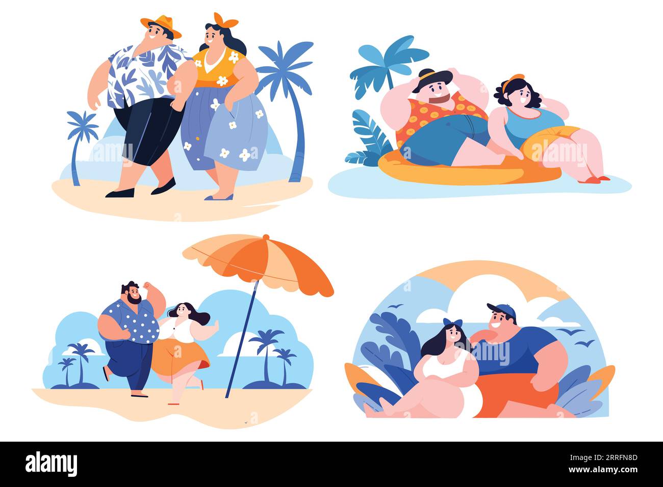 Turisti in sovrappeso disegnati a mano che si rilassano in riva al mare in vacanza in stile piatto isolato sullo sfondo Illustrazione Vettoriale