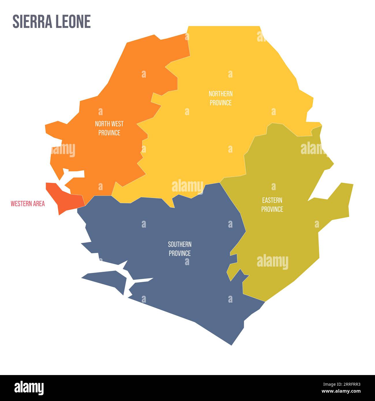 Mappa politica della Sierra Leone delle divisioni amministrative - province e un'area. Mappa politica a colori con etichette e nome del paese. Illustrazione Vettoriale