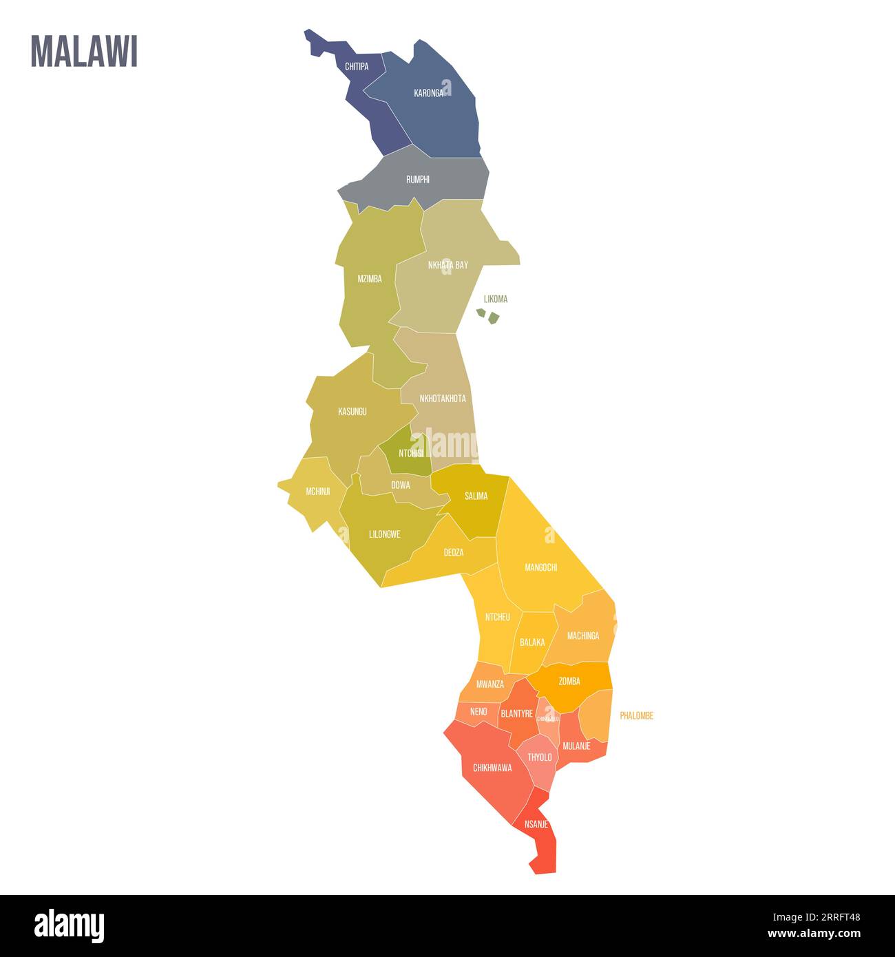 Mappa politica del Malawi delle divisioni amministrative - distretti. Mappa politica a colori con etichette e nome del paese. Illustrazione Vettoriale