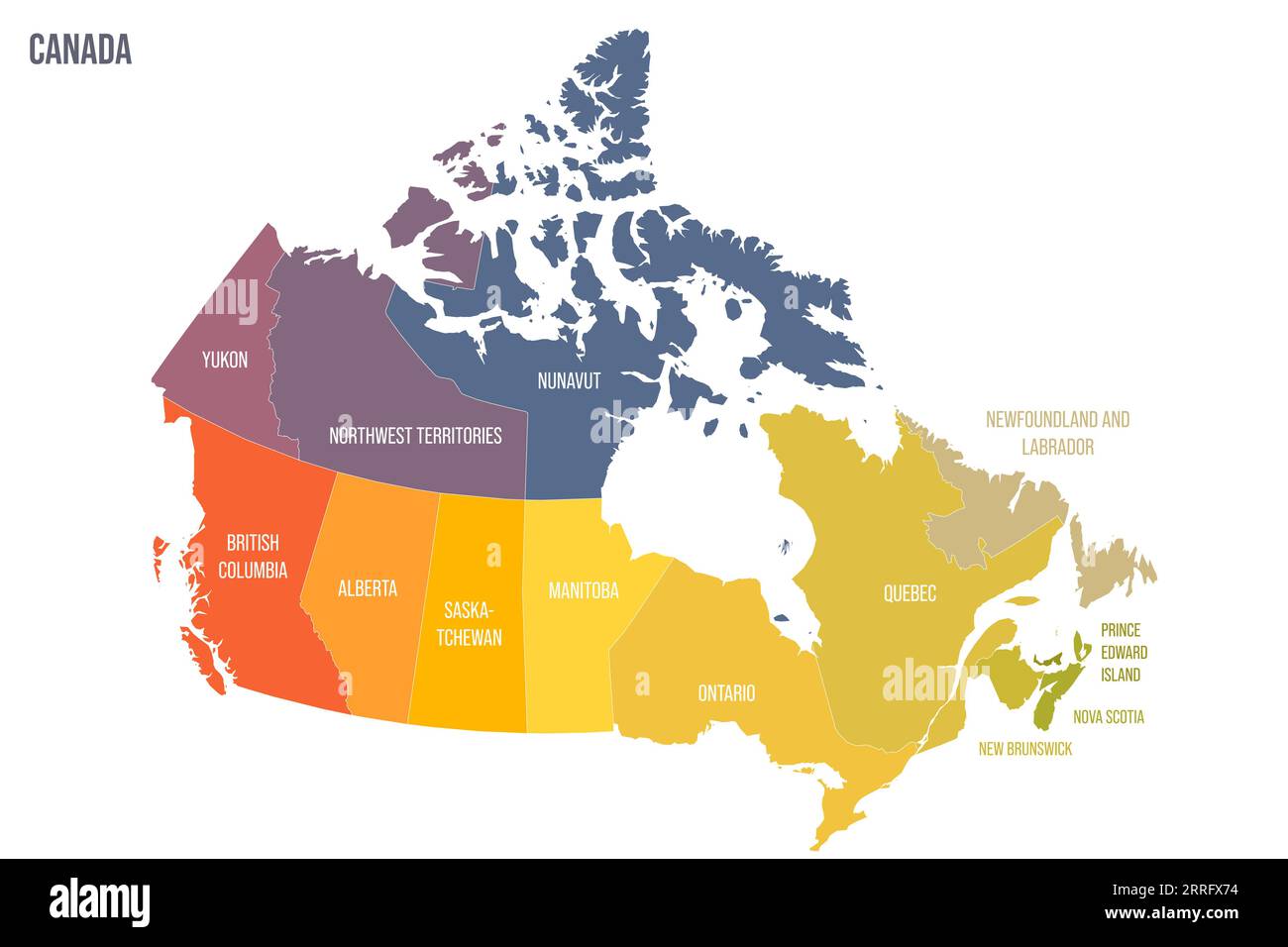 Mappa politica del Canada delle divisioni amministrative - province e territori. Mappa politica a colori con etichette e nome del paese. Illustrazione Vettoriale