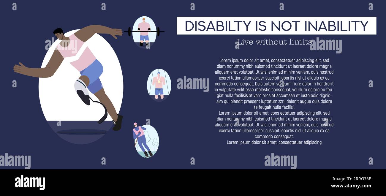 Illustrazione vettoriale, banner, raffigurante persone con disabilità. Una persona con disabilità va in campo sportivo. Illustrazione Vettoriale