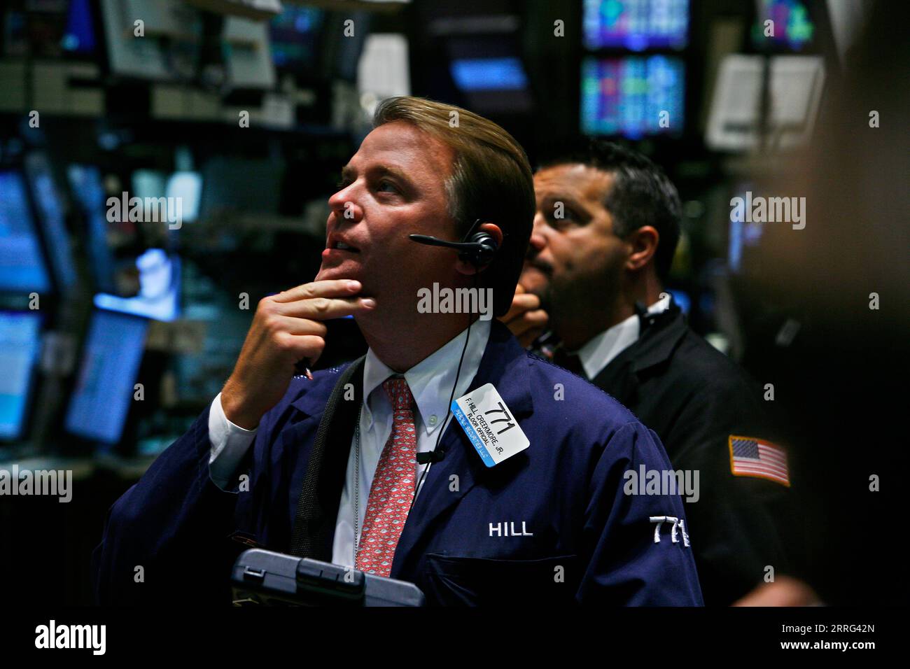 Manhattan, New York, USA, 20080916: Guai a Wall Street.Floor specialisti della NYSE New York Stock Exchange reagendo all'annuncio che il tasso di interesse remanis immutato. Foto: Orjan F. Ellingvag/ Dagens Naringsliv Foto Stock