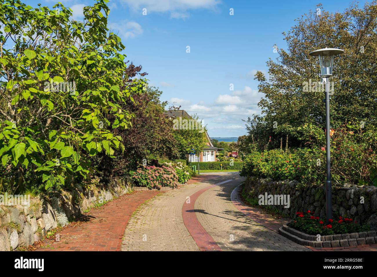 Straßenszene in Norddorf auf der Nordseeinsel Amrum im Sommer Foto Stock