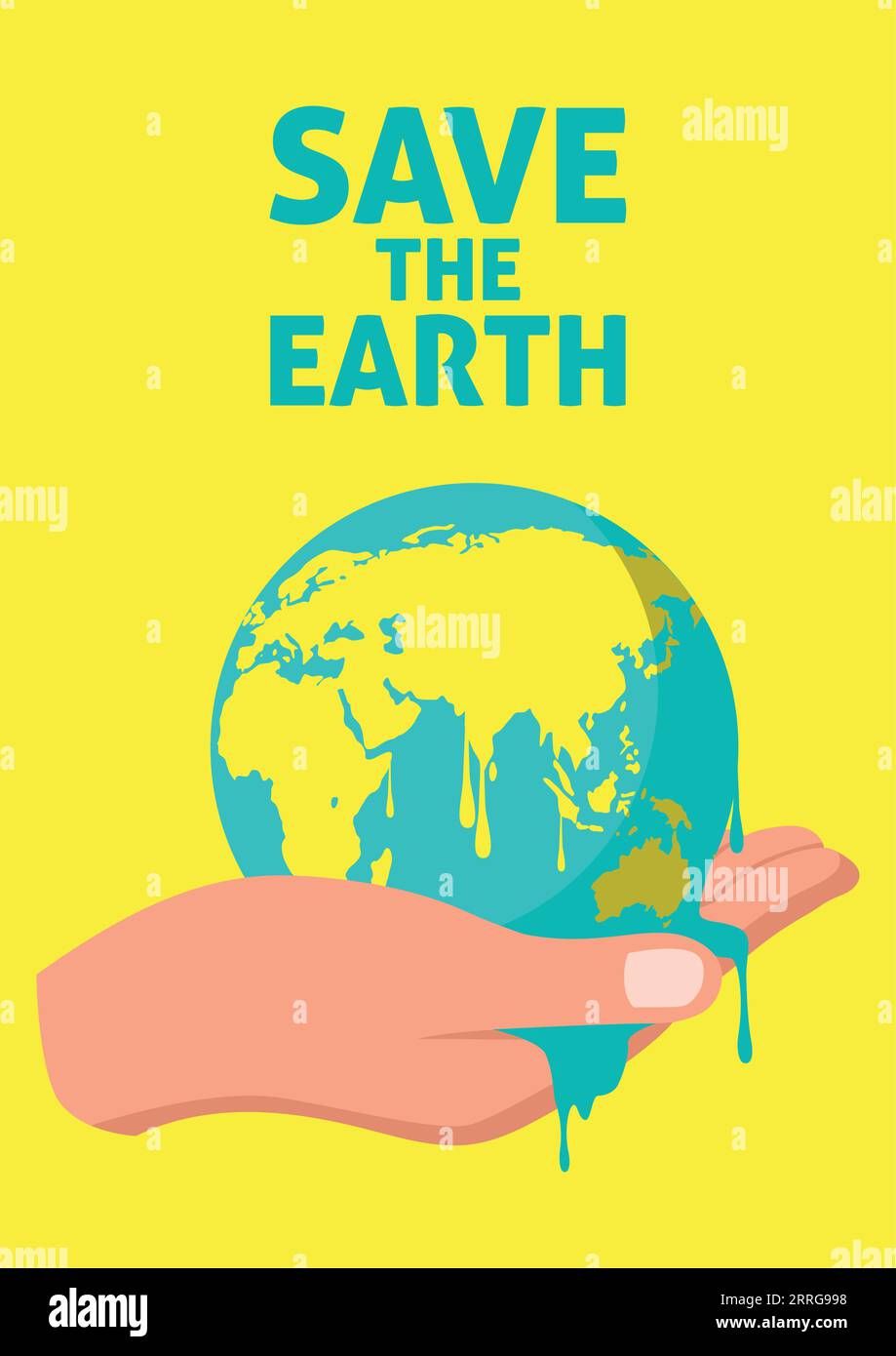 Semplice illustrazione vettoriale piatta che mostra la mano che regge la terra di fusione, il riscaldamento globale, la giornata della Terra, il concetto di salvare la terra Illustrazione Vettoriale
