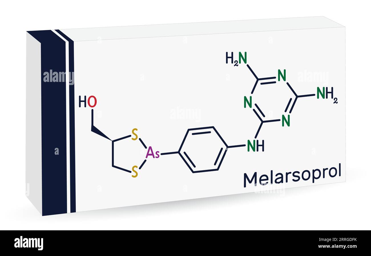 Molecola di Melarsoprol. Usato per curare la malattia del sonno africana o la tripanosomiasi africana. Formula chimica scheletrica. Imballaggi di carta per farmaci. Illustrazione Vettoriale