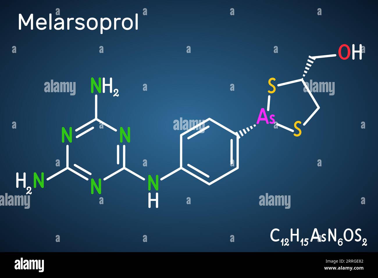 Molecola di Melarsoprol. Formula chimica strutturale su sfondo blu scuro. Illustrazione Vettoriale