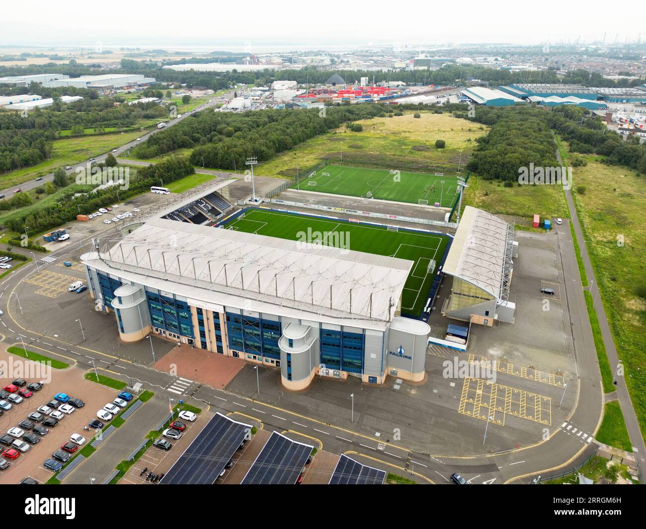 Vista aerea dello stadio Falkirk con droni Foto Stock