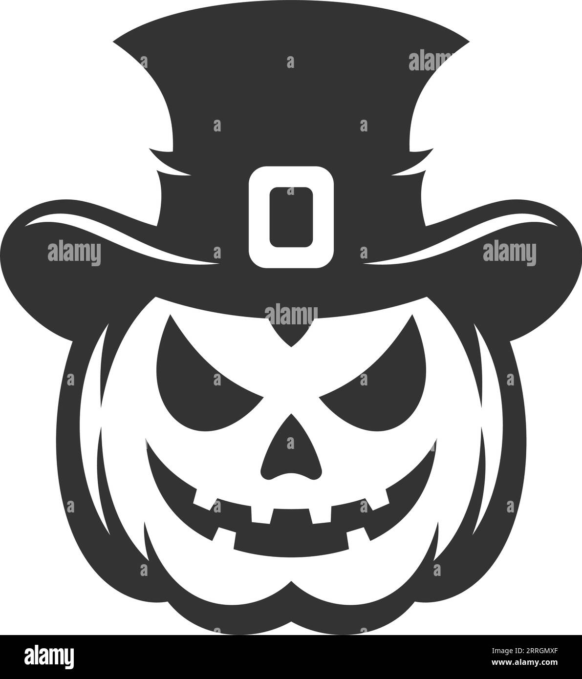 Halloween Angry icona di zucca scolpita o lanterna silhouette monocromatica nera illustrazione piatta vettoriale. Spaventoso mostro horror fantasma con cappello stregone W Illustrazione Vettoriale