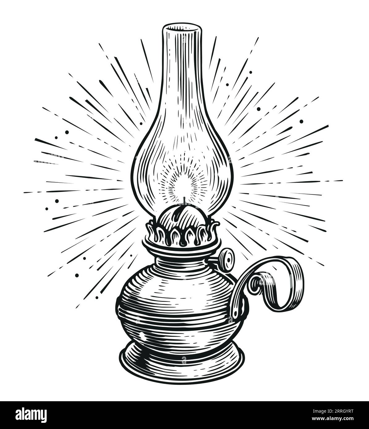 Lanterna a olio d'epoca o lampada a cherosene con raggi di luce. Disegno vettoriale della vecchia lampada a olio stile di incisione Illustrazione Vettoriale