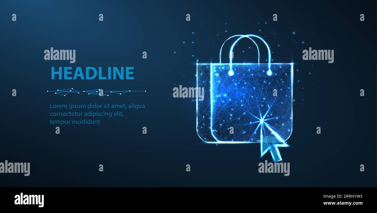 Concetto di shopping online. Borsa digitale e puntatore blu. Negozio online, commercio digitale Illustrazione Vettoriale
