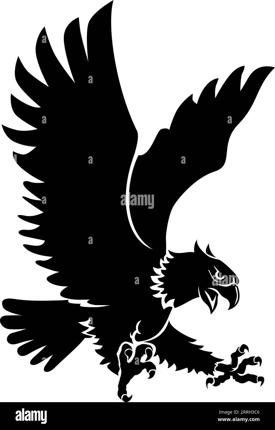 Aquila che attacca prede dall'alto. Hawk silhouette si tuffa. Falco selvatico con zampe allungate con artigli. Modello vettoriale per logo, tatuaggio, sport em Illustrazione Vettoriale