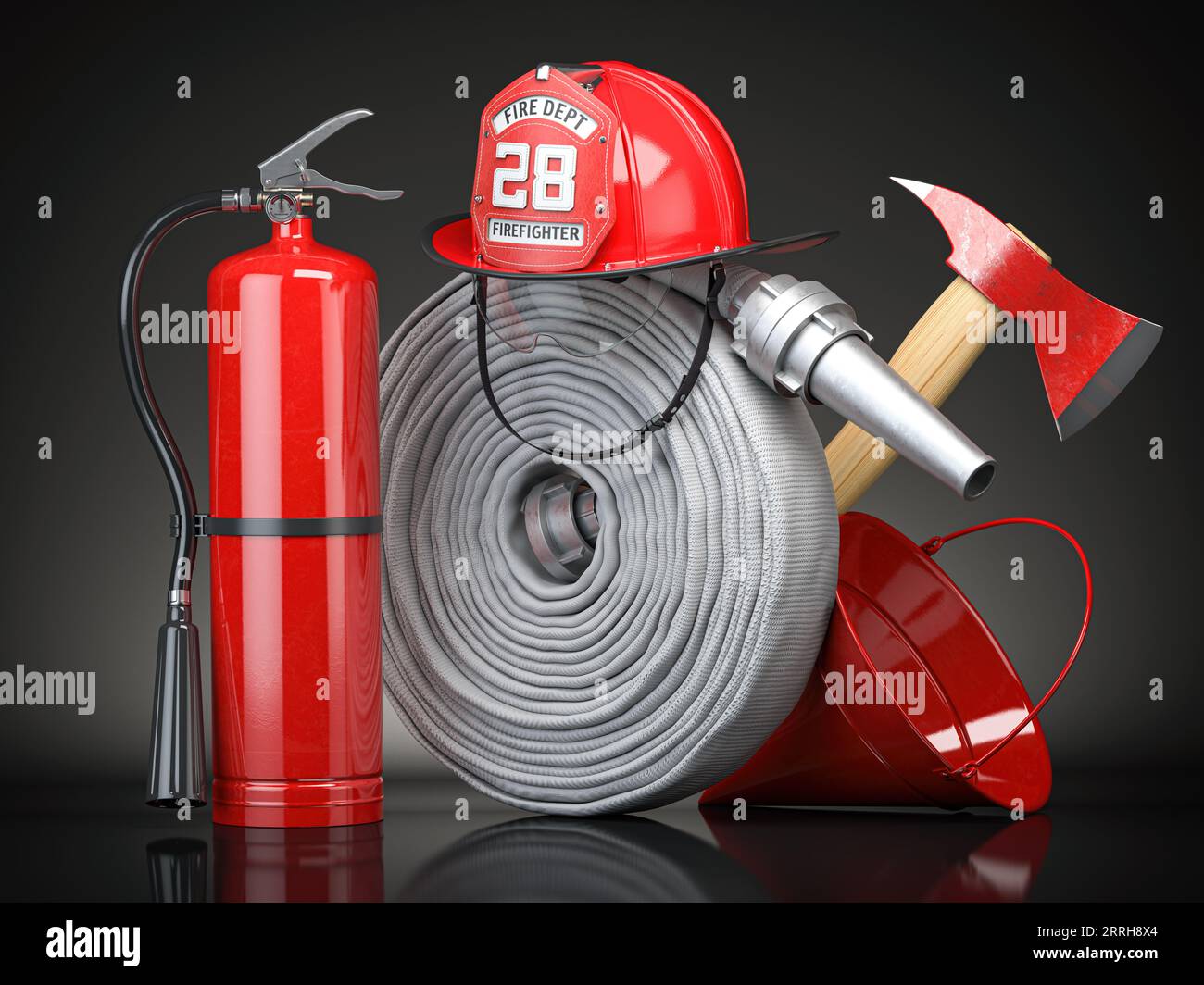 Attrezzature e strumenti per vigili del fuoco. Manichetta antincendio, cappello antincendio, estintore e ascia, simboli della professione dei pompieri. illustrazione 3d. Foto Stock